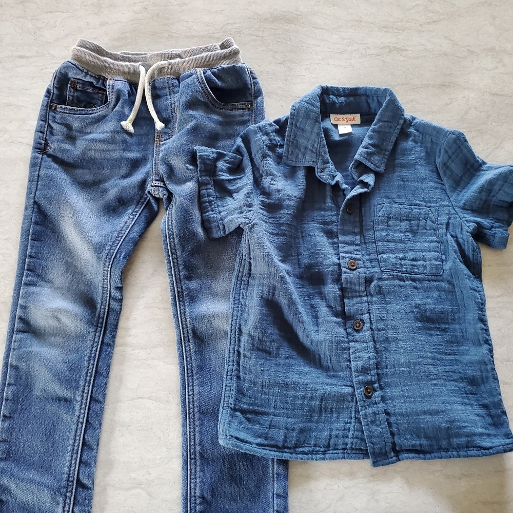 Boys Cat & Jack Button Down Shortsleeve Woven Shirt & Pull On Skinny Jeans 5t